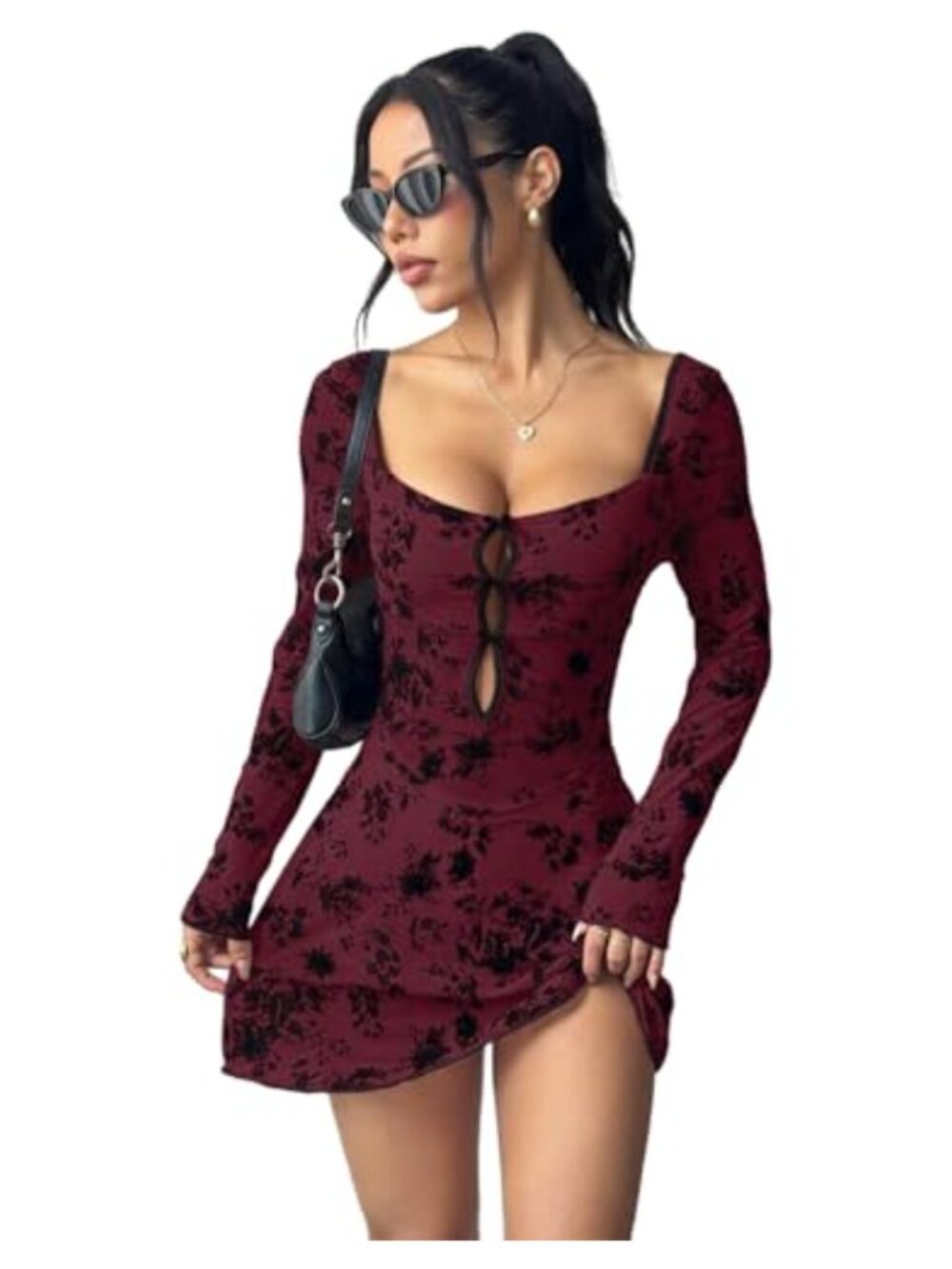 Mesh Backless Bow Sheer Mini Dress Long Sleeve Fit Flare Cocktail Party